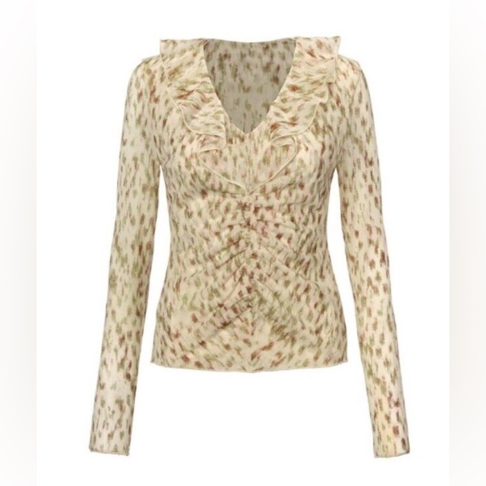 CAbi Dapple Print Rouched Long Sleeve Fall Y2K Semi-Sheer Blouse Cream Small